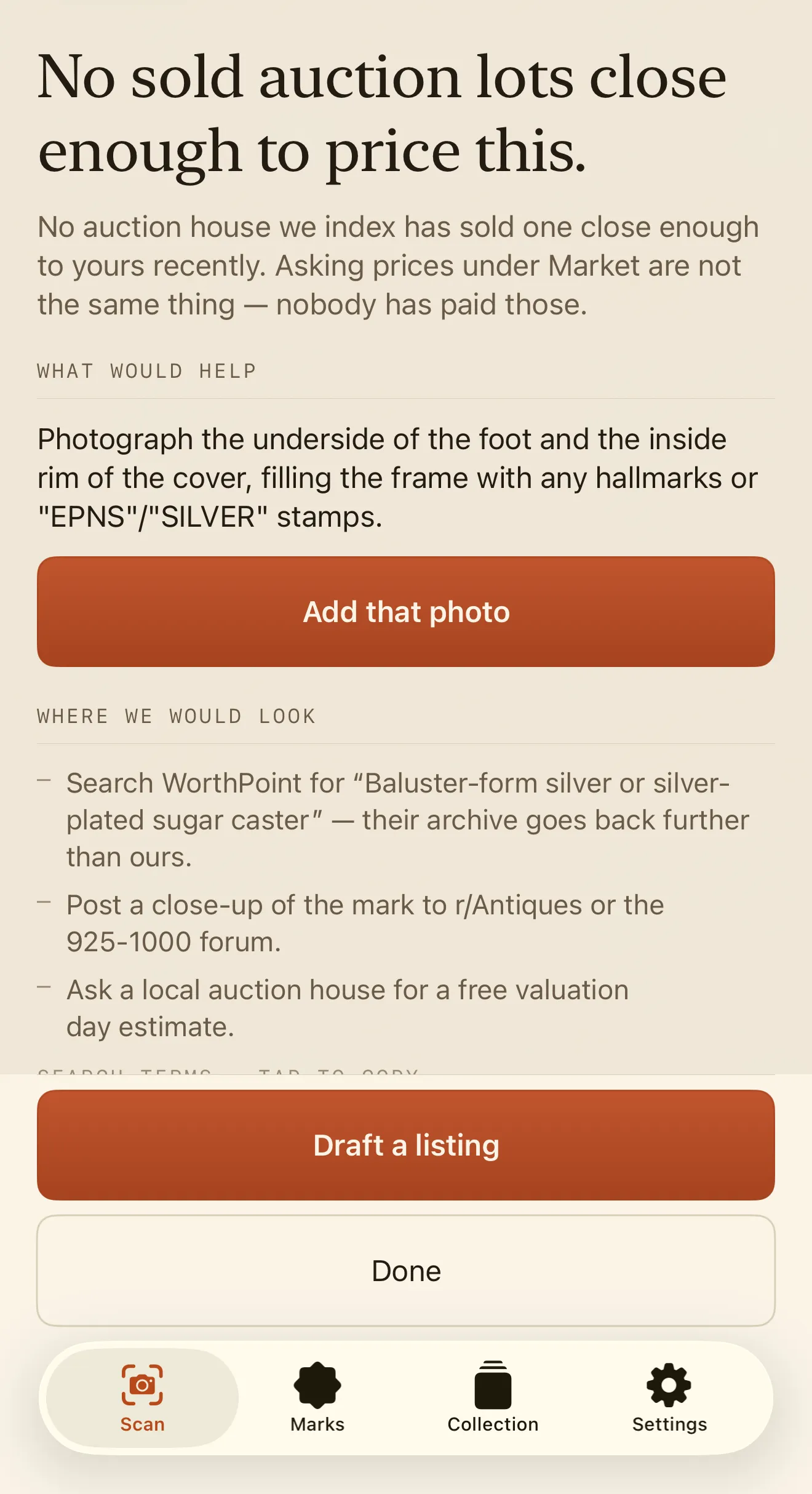 Patine saying: no sold auction lots close enough to price this. Below it, what would help — a photograph of the underside and the inside rim — and three places to look instead.