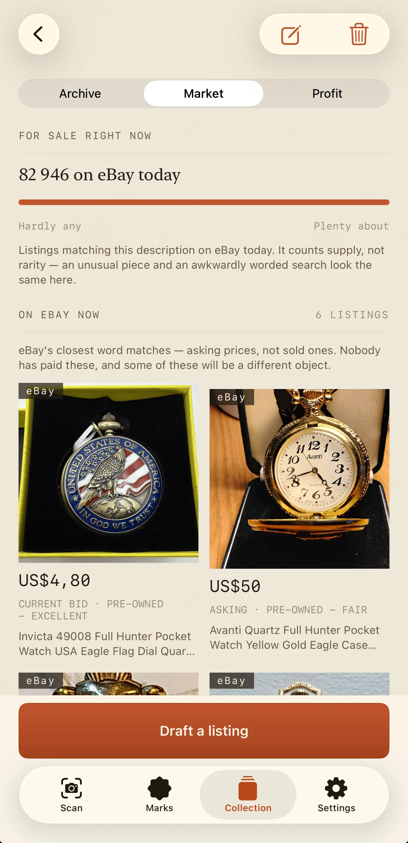 The Market tab: how many are listed on eBay today, a supply bar labelled from hardly any to plenty about, and live listings with their asking prices.