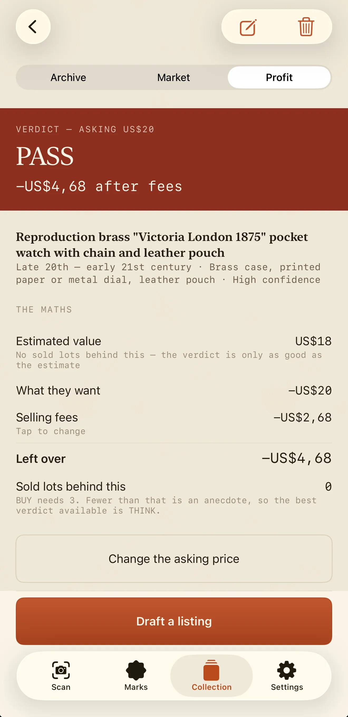 The Profit tab: a PASS verdict on an item asking twenty dollars, then the maths — estimated value, what they want, selling fees, what is left over, and a note that no sold lots stand behind the estimate.