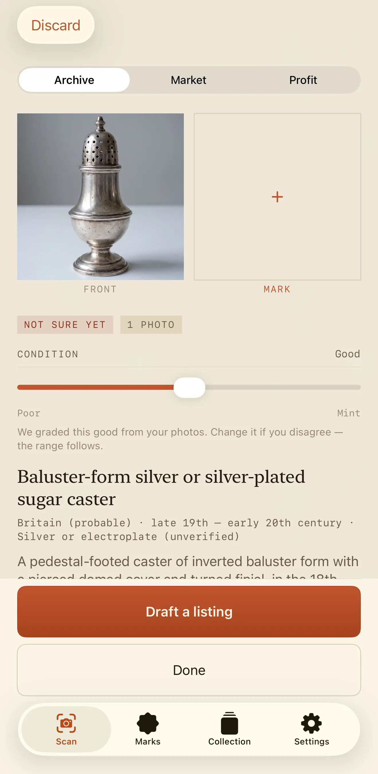 Patine on an iPhone: the Archive, Market and Profit segments, the photographed caster beside an empty slot for the mark, a condition slider set to Good, and the identification below it.